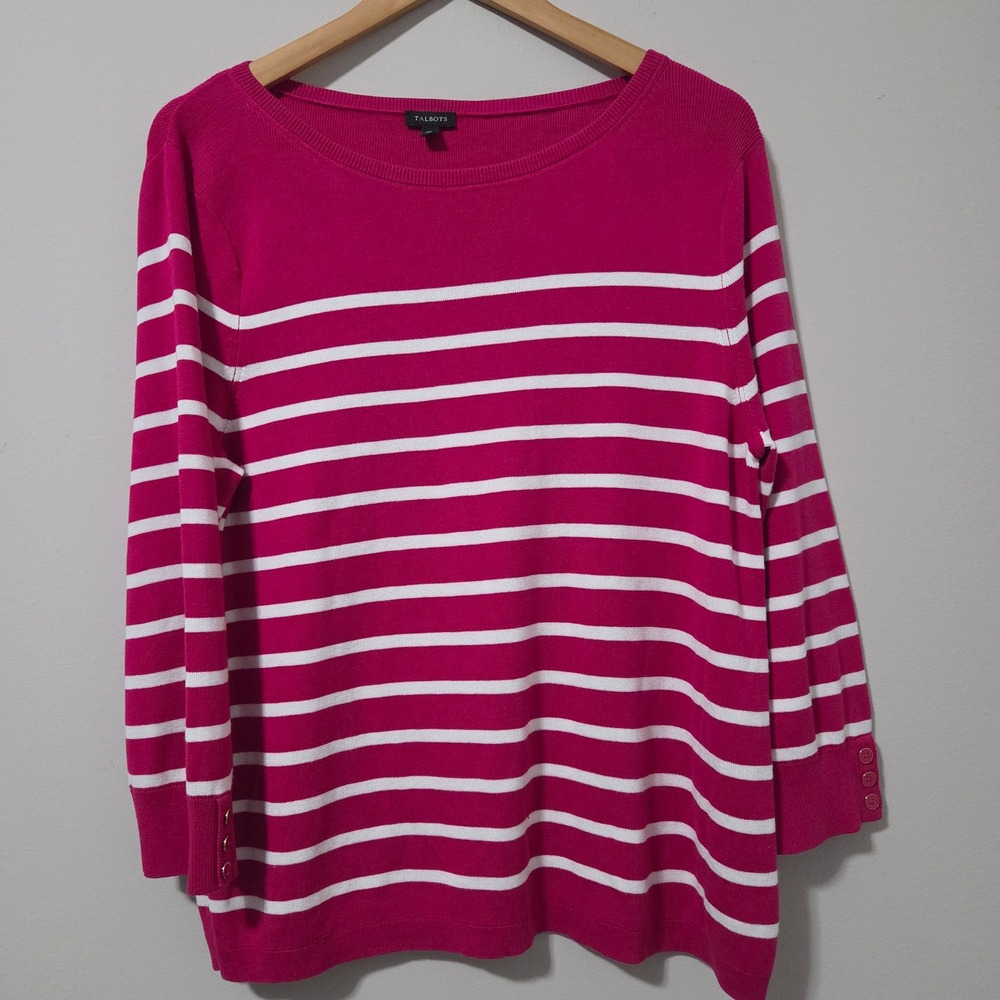 Talbots Pink White Striped Boat Neck Sweater XL 3/4 Sleeve Gold‎ Button Cuff
